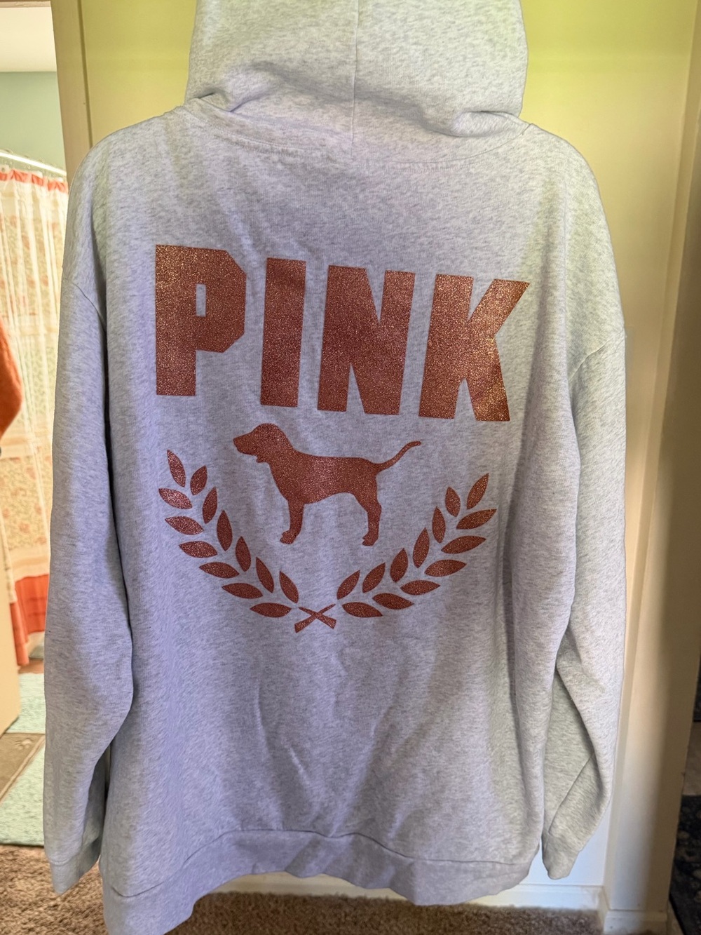 PINK Victoria's Secret Gray Hoodie with rose gold Dog